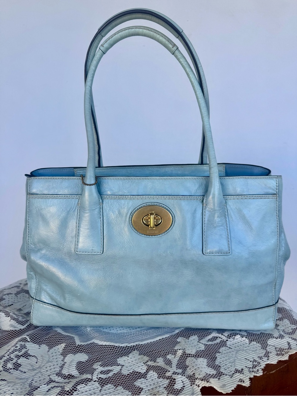 Coach Light Blue Patent Leather Shoulder Tote with Gold Turn-Lock